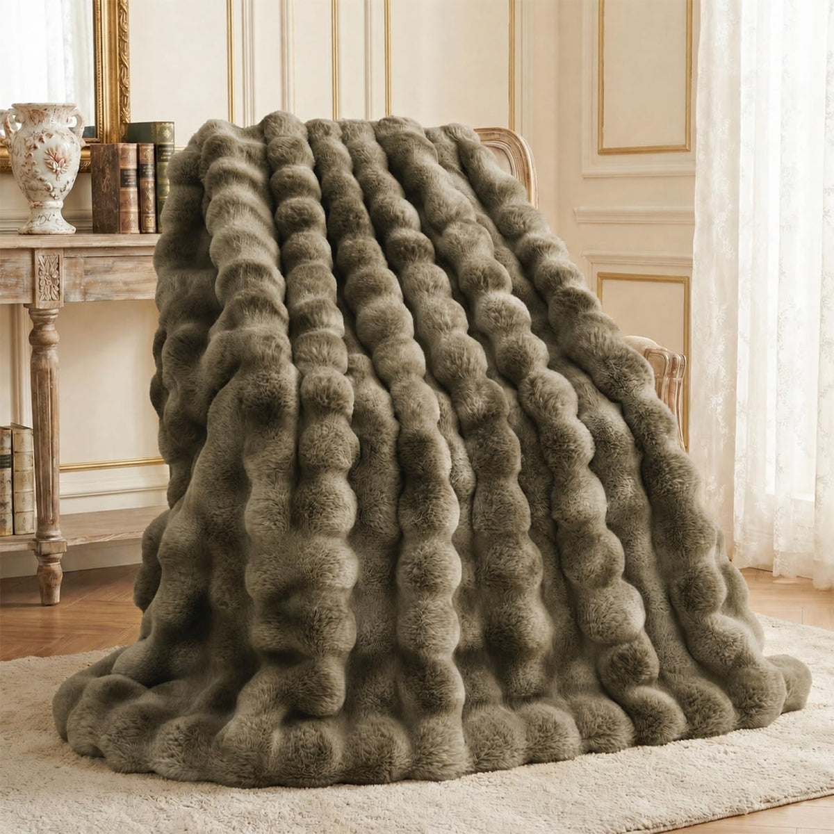 L'AGRATY Faux Rabbit Fur Throw Blanket for Couch, 50'' x 60'', Cocoa Brown