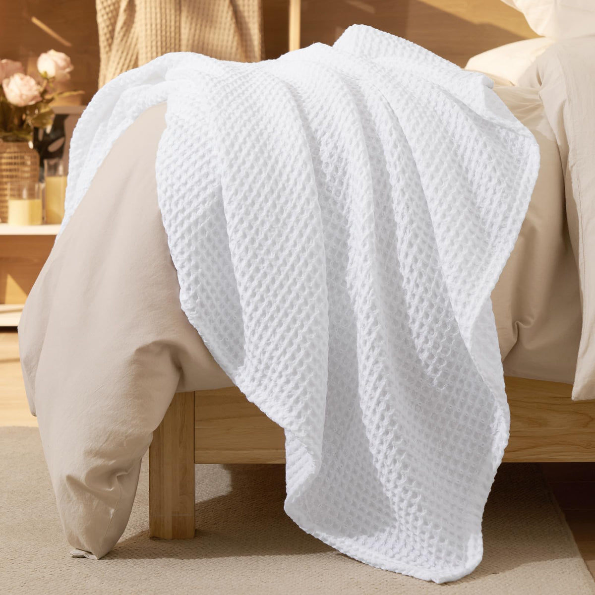 PHF Ultra Soft Waffle Weave Blanket for Bed, Queen Size, Light Khaki/Linen