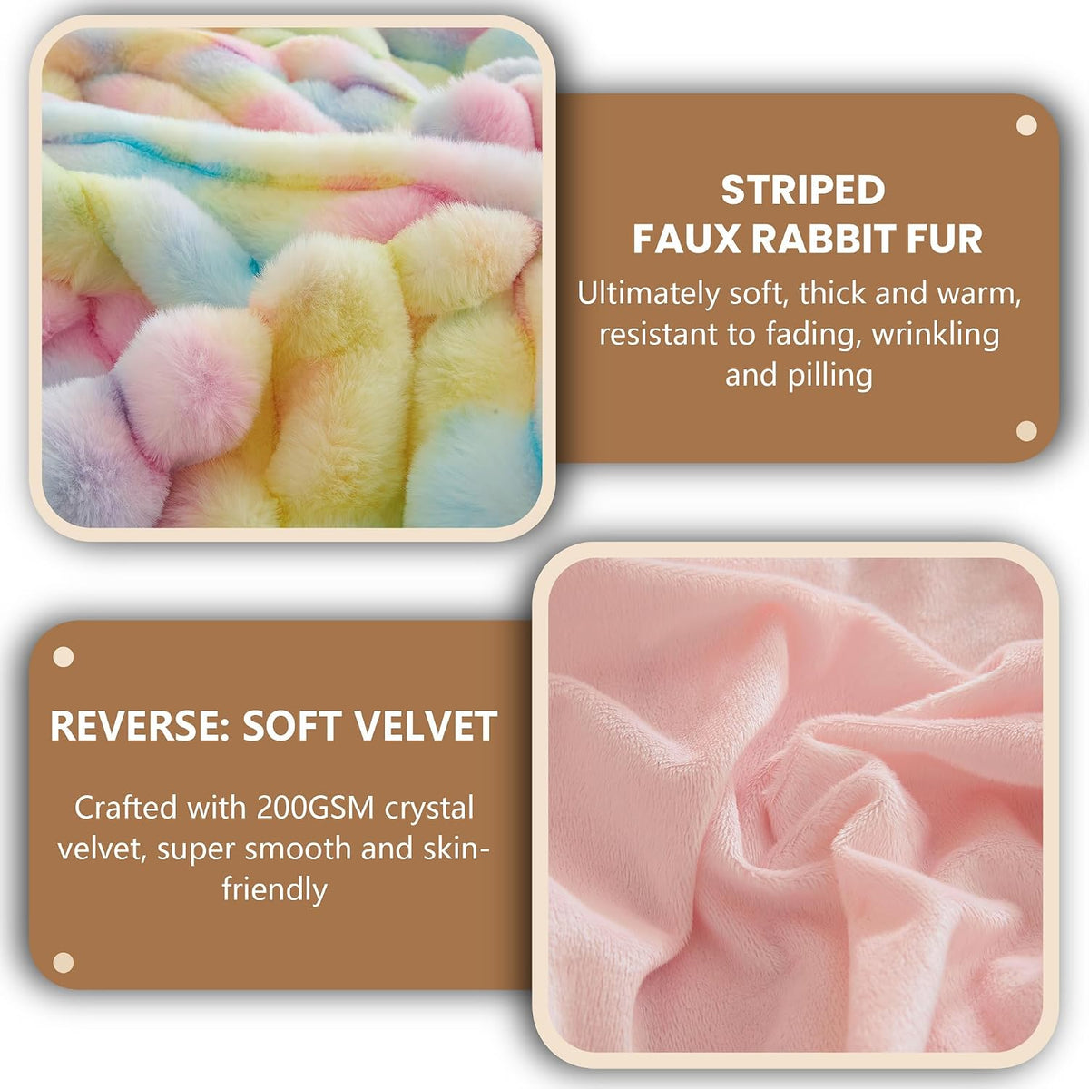 MEGO Fluffy Faux Rabbit Fur Ribbed Throw Blanket 50"x60", Rainbow