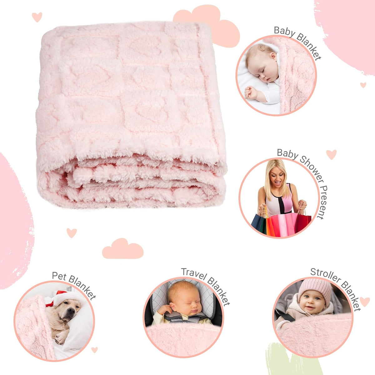 5 Pcs Baby Blanket Heart Checkered Ultra Soft Gift-Ready Plush for Newborns, Nursery & Stroller 30"x40" Beige Gray Blue Purple Light Pink