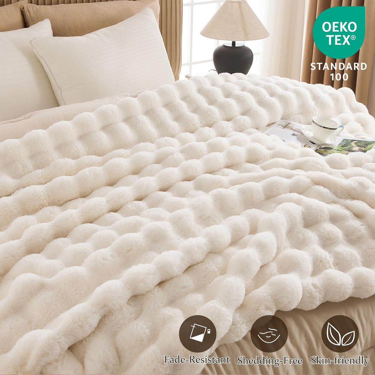 IKALIFE Cozy Bubble Faux Fur Throw Blanket for Couch, 50x60 Cream