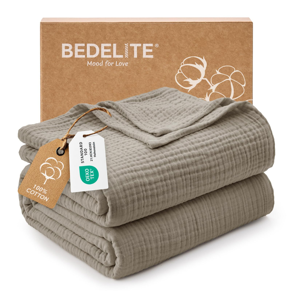 BEDELITE 100% Cotton Muslin Blanket for Adults, Breathable, White, 50"x70"