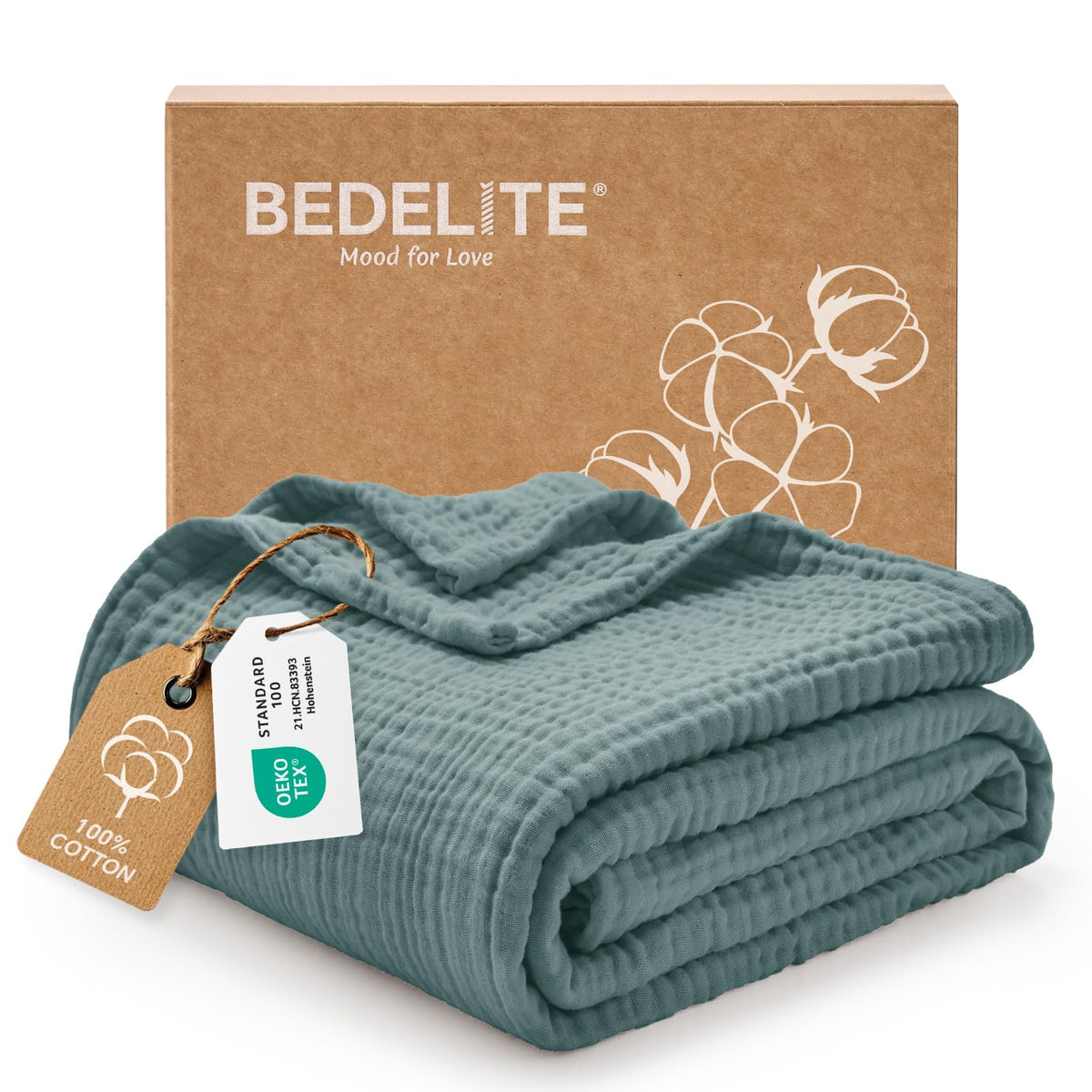 BEDELITE 100% Cotton Muslin Blanket for Adults, Breathable, White, 50"x70"