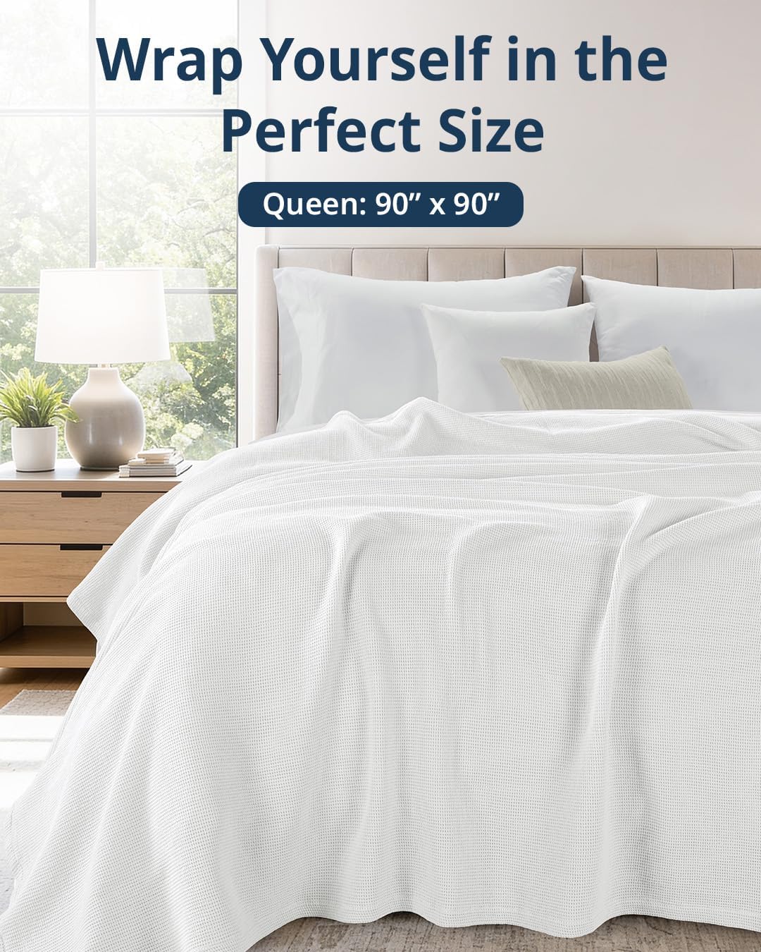 LANE LINEN Blankets Queen Size, 100% Cotton 300 GSM Waffle Textured - White