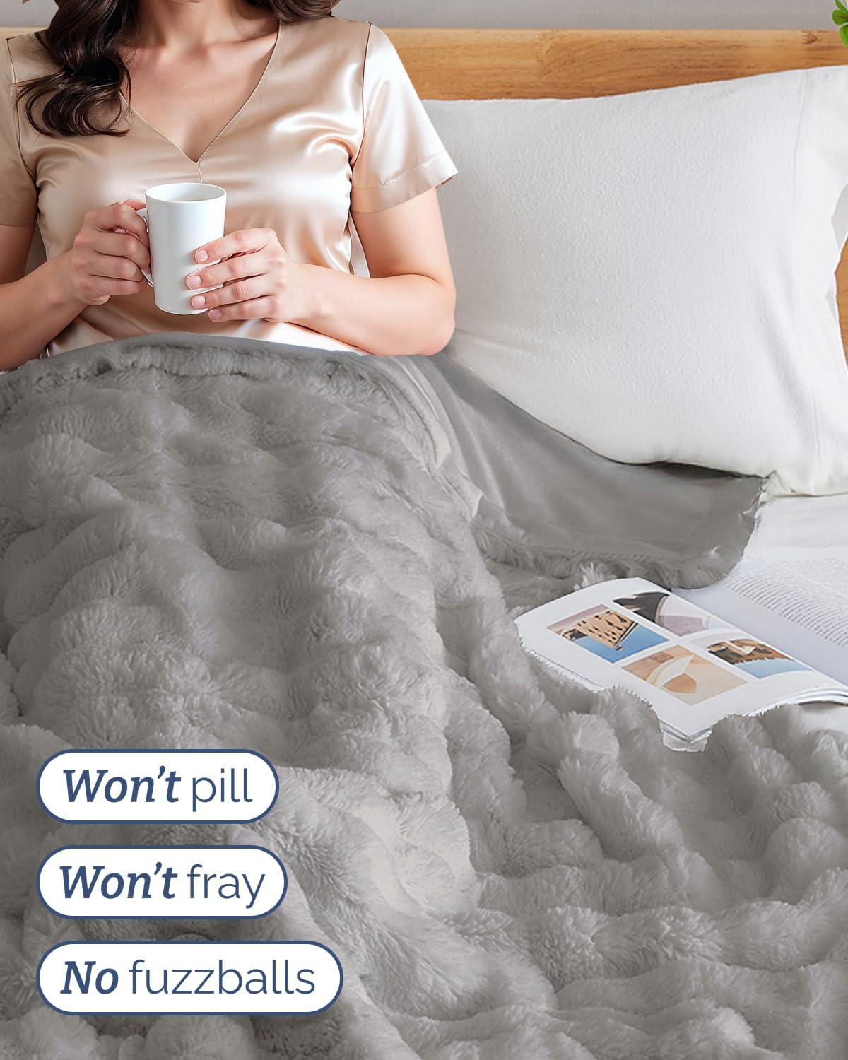 Faux Fur Throw Blanket - Throw Size Bubble Blanket - 50" x 60", Grey