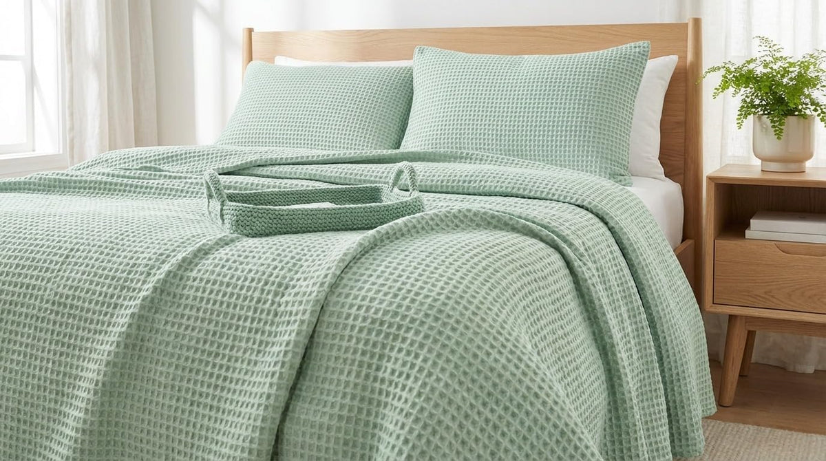 Cotton Waffle Weave Blanket Soft Woven Lightweight Breathable Bed Blanket Queen Size for Layering Any Bed, Couch Sofa,Home Decor All Season (Sage Green, 90" x 90")