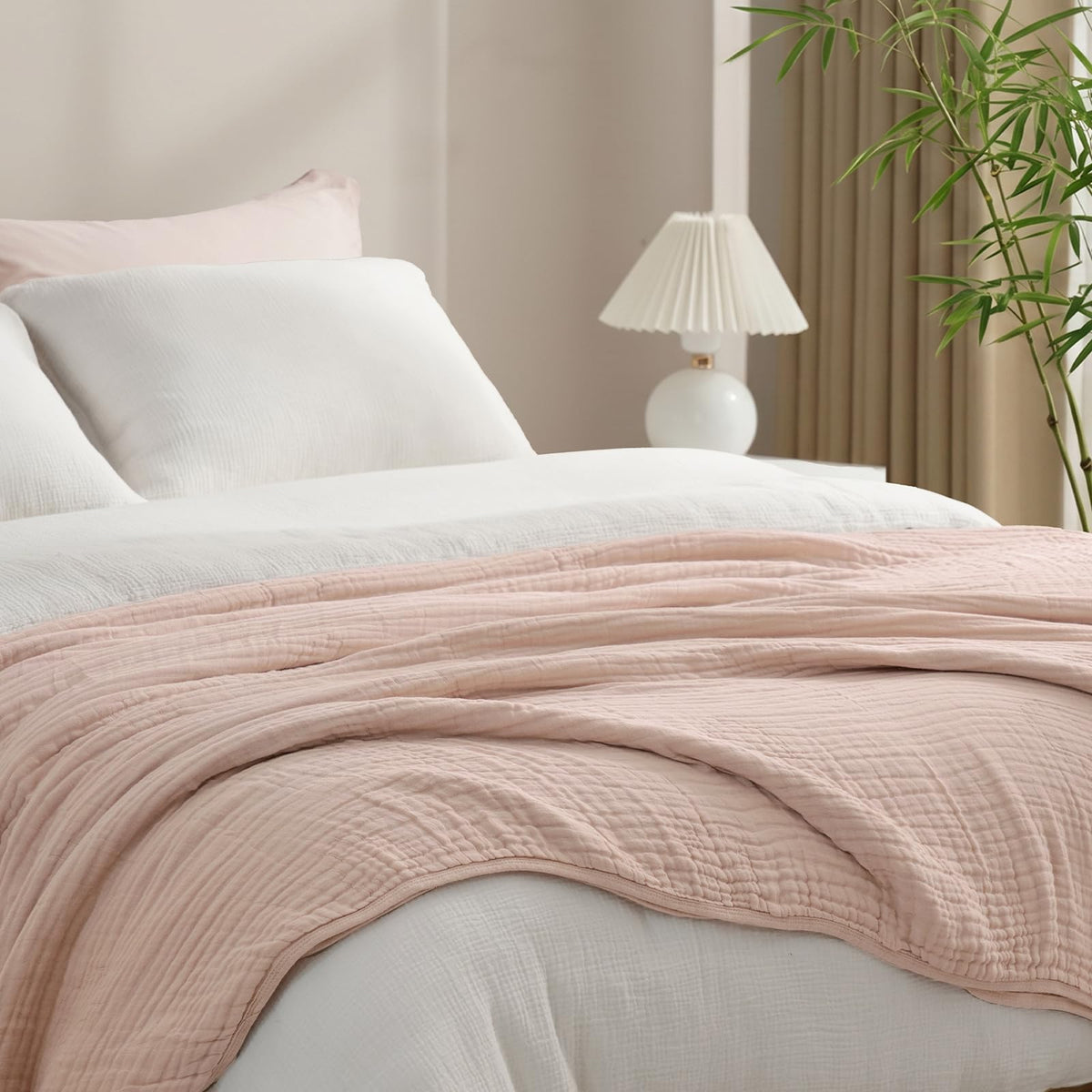 PHF Cooling Muslin Blanket King Size 104"x80", 6-Layer Lightweight Gauze Blanket Made from 35% Rayon Derived from Bamboo & 65% Cotton, Breathable & Ultra Soft Cozy for Hot Sleepers, Cream White