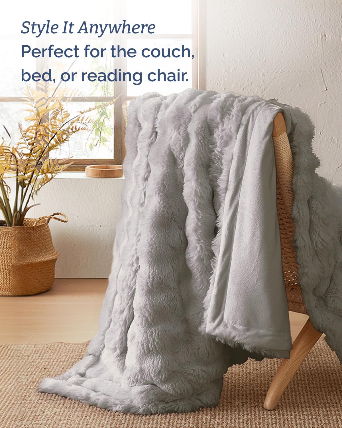 Faux Fur Throw Blanket - Throw Size Bubble Blanket - 50" x 60", Grey