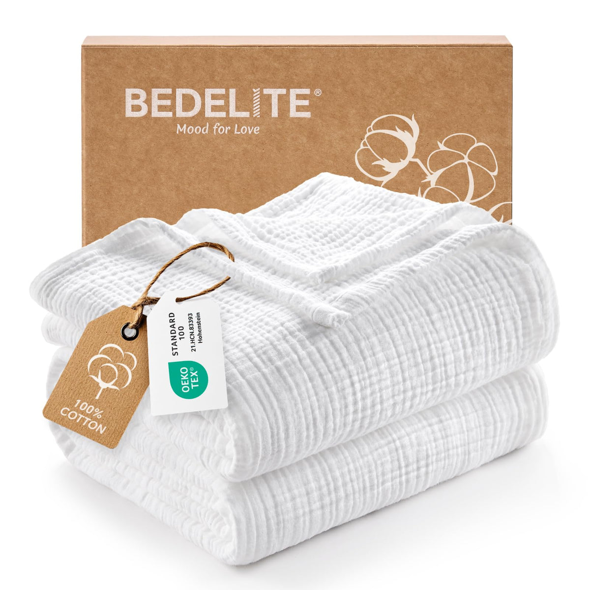 BEDELITE 100% Cotton Muslin Blanket for Adults, Breathable, White, 50"x70"