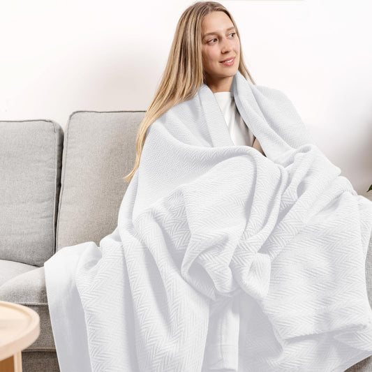 Carressa Linen Luxury Organic Cotton Blankets King Size | 100% Cotton King Size Blanket GOTS Certified (White) | Breathable, Lightweight, Soft & Cozy Herringbone Bed Throw Blanket for All Seasons