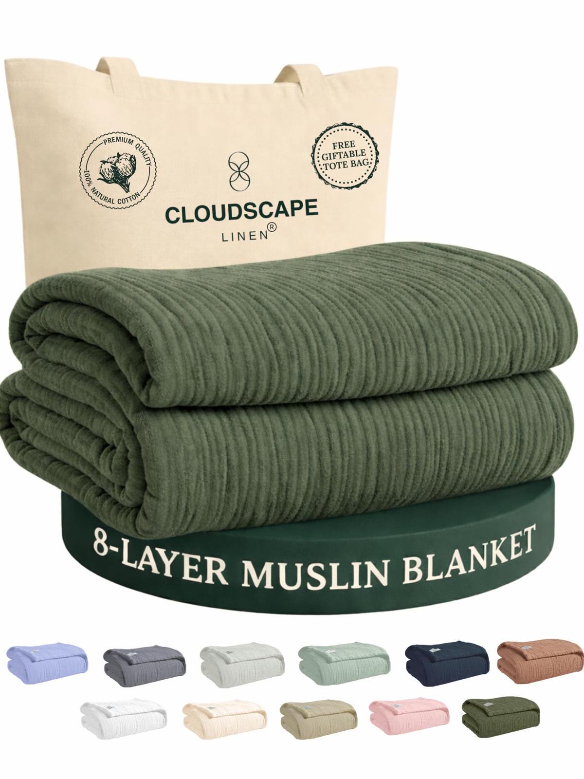 CLOUDSCAPE 8 Layer Muslin Blanket Queen Size, Gauze, Cotton 92"x92" - Ivory
