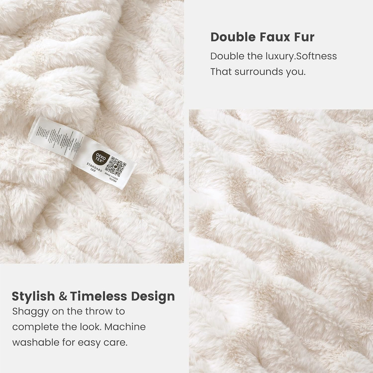 Cozy Bliss Double-Sided Soft Faux Fur Throw Blanket,50"x60", Cream White