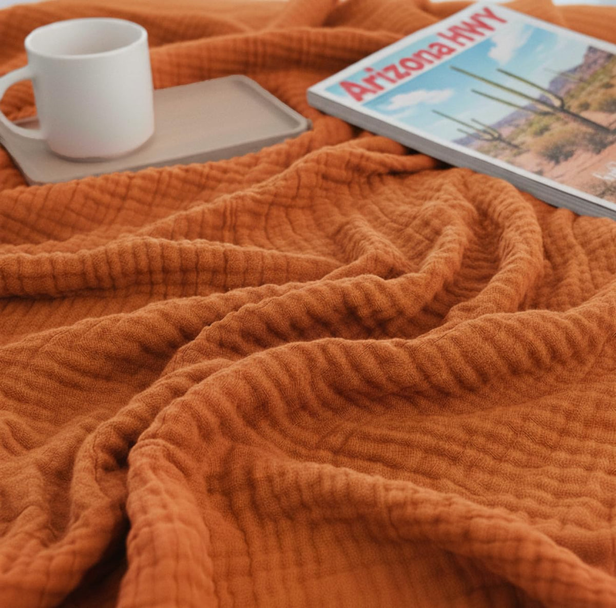 KyraHome 100% Organic Cotton Muslin Throw Blanket, 50"x60", Oatmeal Khaki