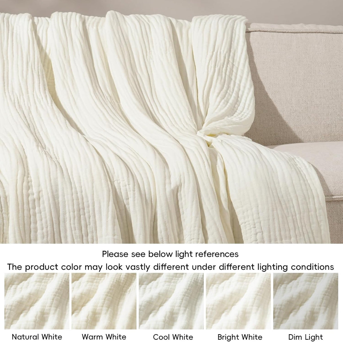 PHF Cooling Muslin Blanket King Size 104"x80", 6-Layer Lightweight Gauze Blanket Made from 35% Rayon Derived from Bamboo & 65% Cotton, Breathable & Ultra Soft Cozy for Hot Sleepers, Cream White