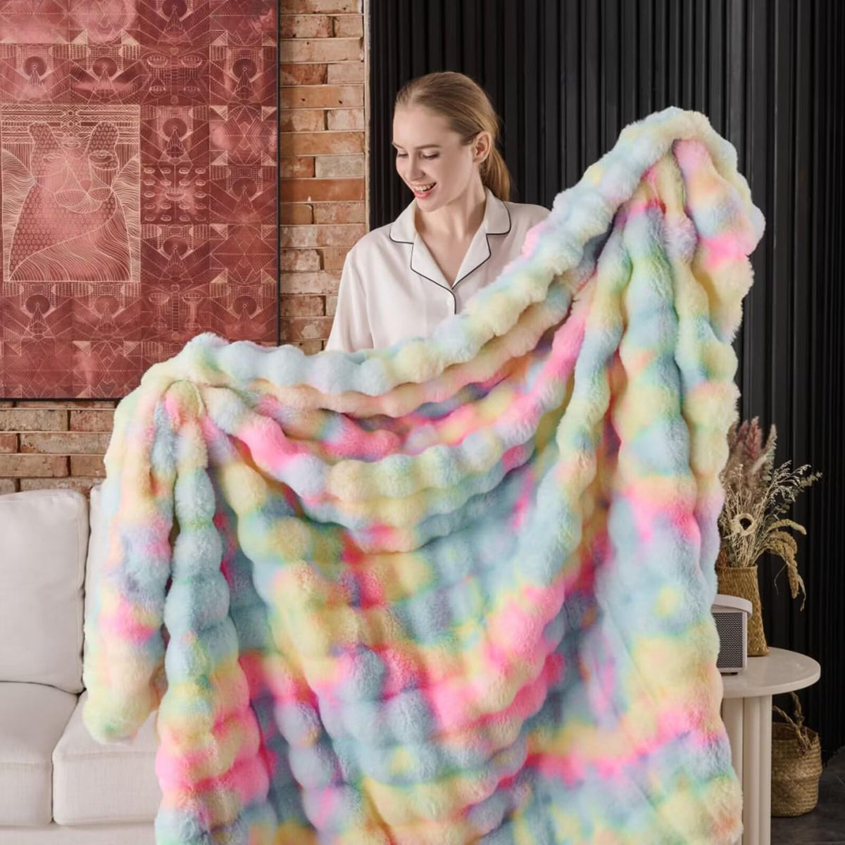 760GSM Faux Rabbit Faux Fur Throw Blanket,Super Thick Warm Bubble Blanket Throw,Fuzzy Luxury Plush Decorative Blanket for Couch Bed Sofa(Leopard Brown,50''x 60'')