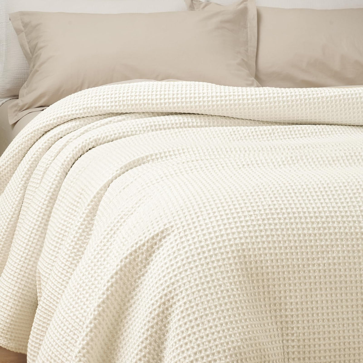 PHF 100% Cotton Waffle Blanket Lightweight Breathable, Queen Linen/Stone