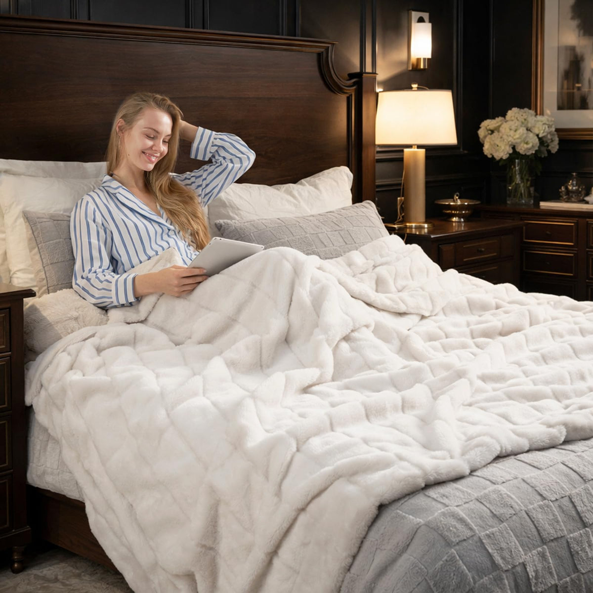 Cozy Bliss Deluxe Sheared Rabbit Faux Fur Throw Blanket, Soft Fuzzy High-Low Sculpted Plush Blanket for Couch, Cozy Home Accent, All Season Use, Beige 50"x60"