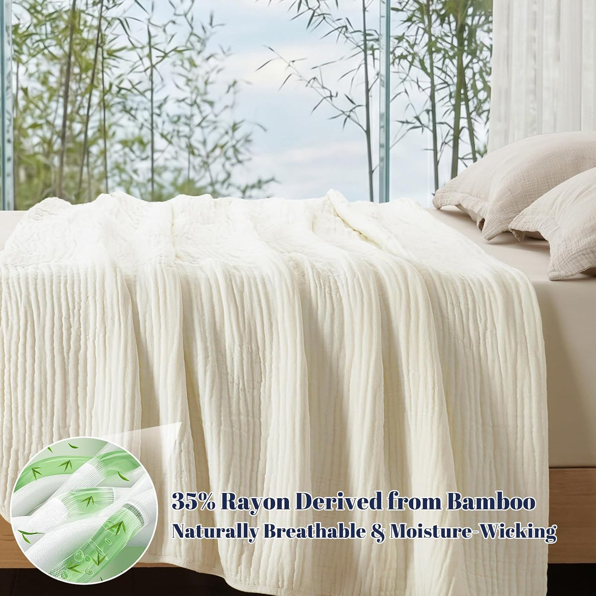 PHF Cooling Muslin Blanket King Size 104"x80", 6-Layer Lightweight Gauze Blanket Made from 35% Rayon Derived from Bamboo & 65% Cotton, Breathable & Ultra Soft Cozy for Hot Sleepers, Cream White