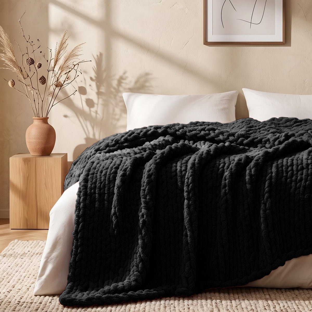 L'AGRATY Chunky Knit Throw Blanket for Couch, 50'' x 60'' Knit Throw, Ivory