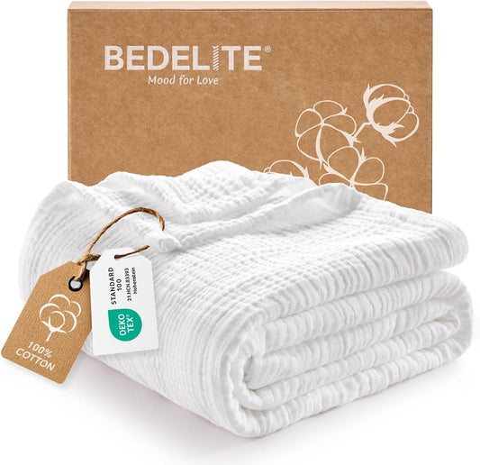 BEDELITE 100% Cotton Muslin Blanket for Adults, Breathable, White, 50"x70"
