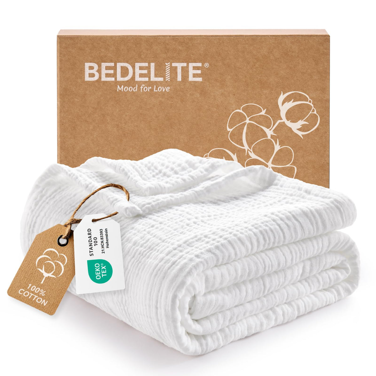 BEDELITE 100% Cotton Muslin Blanket for Adults, Breathable, White, 50"x70"