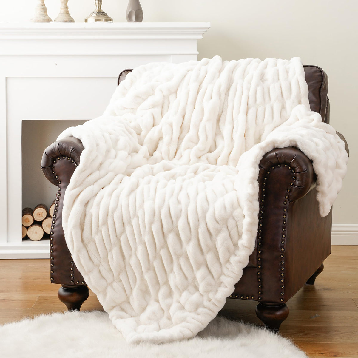 BATTILO Soft Ivory Faux Fur Throw Blanket for Couch, 50"x60", Double Side