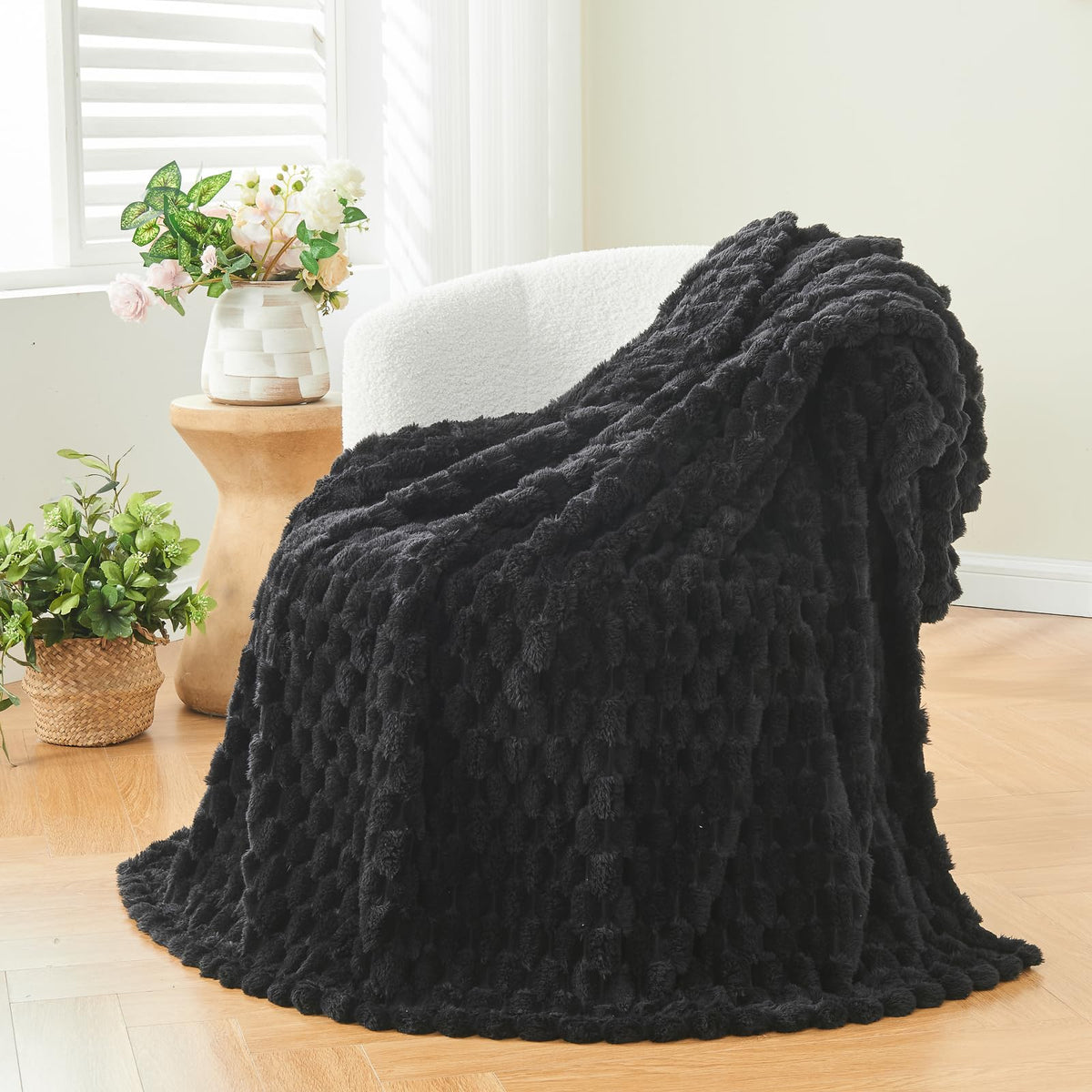 NEWCOSPLAY Fleece Ribbed Cozy Throw Blanket for Couch, Pink, 50"x60"