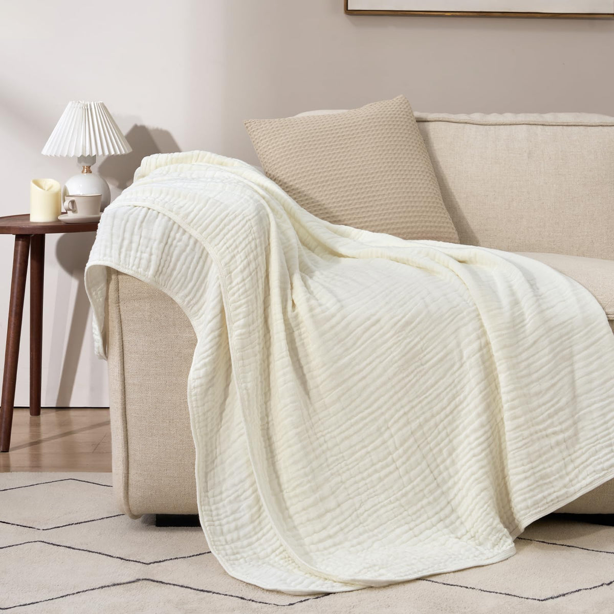 PHF Cooling Muslin Blanket King Size 104"x80", 6-Layer Lightweight Gauze Blanket Made from 35% Rayon Derived from Bamboo & 65% Cotton, Breathable & Ultra Soft Cozy for Hot Sleepers, Cream White