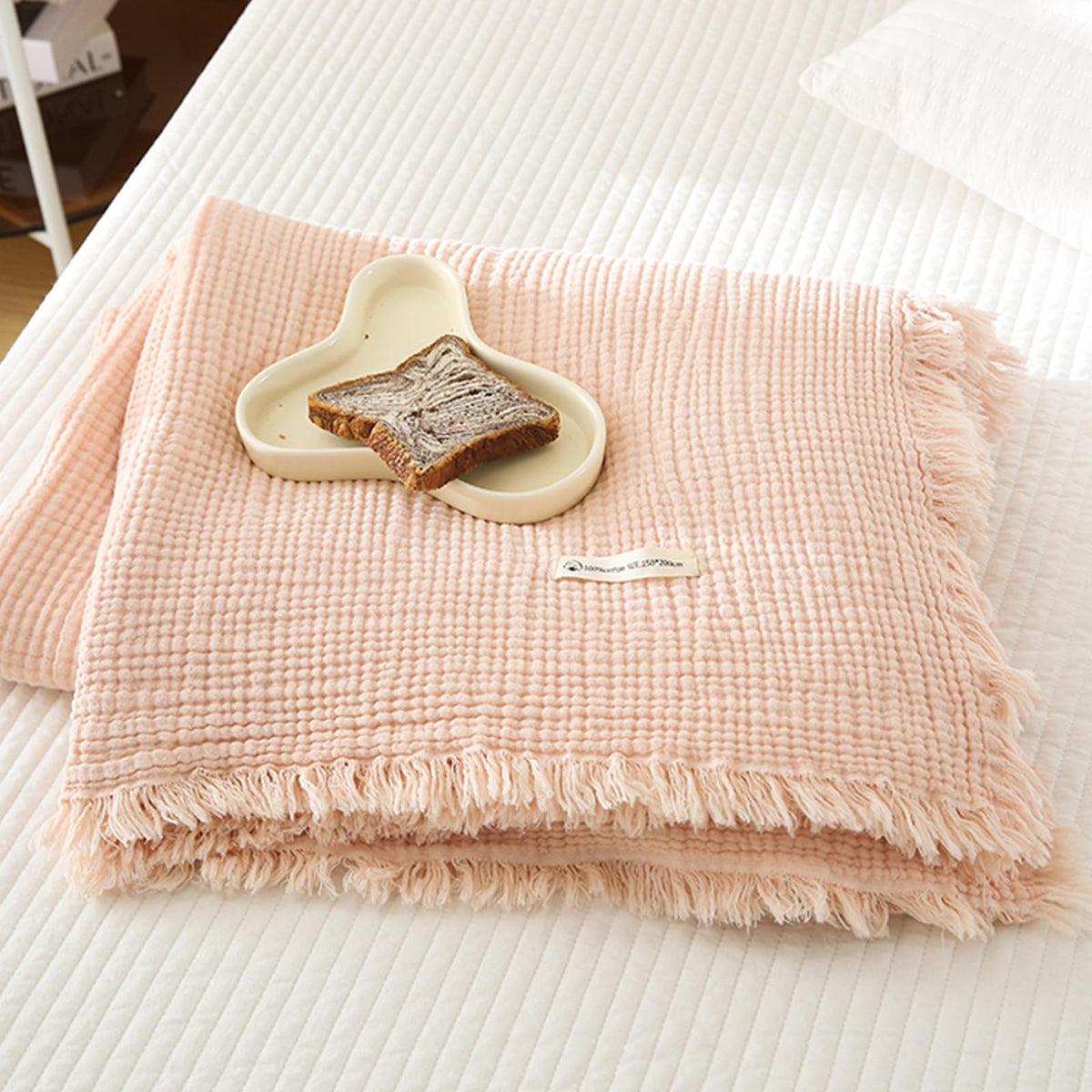 MorroMorn 100% Cotton Muslin Throw Blanket with Fringes 50"x60", 4-Layer Cotton Gauze Blankets for Adults, Boho Bedding Breathable Lightweight Ultra-Soft for Couch Bed Sofa All Seasons, Linen Beige