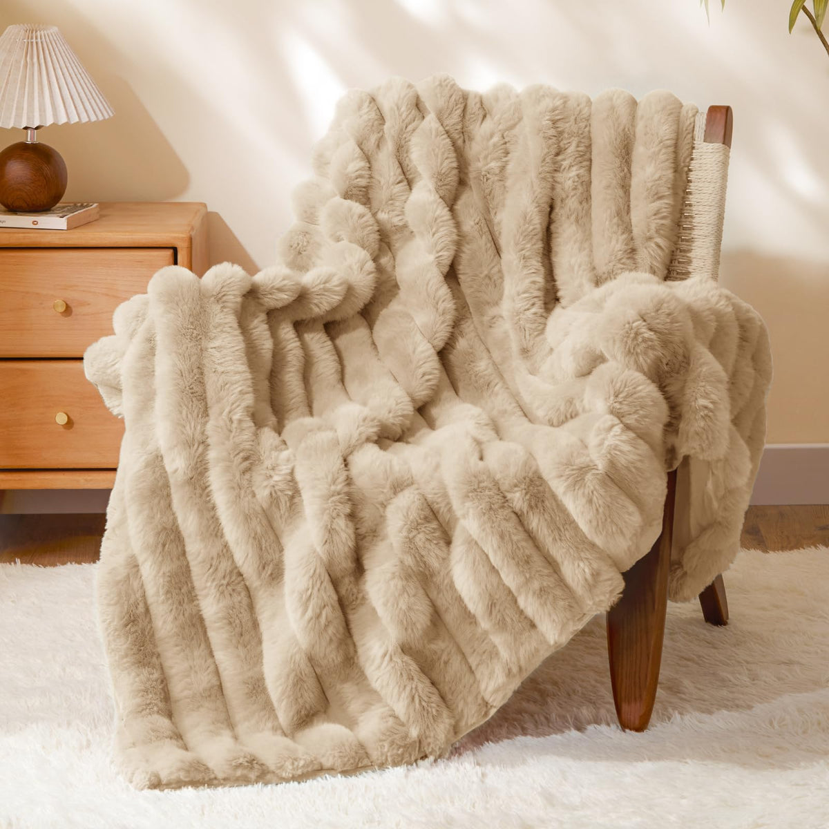 BEDELITE Faux Fur Throw Blanket for Couch, 770GSM, 50" x 60", Cream