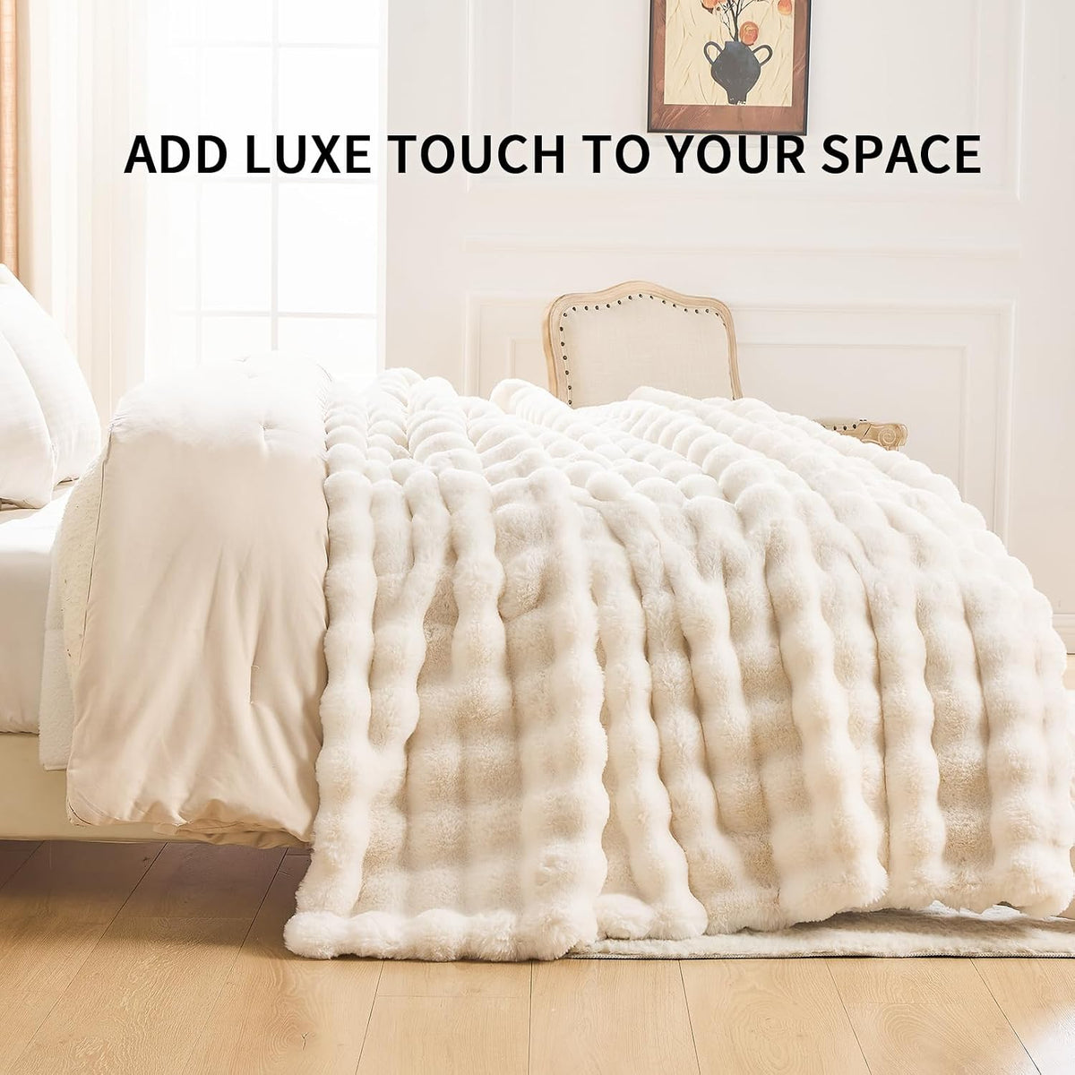 IKALIFE Cozy Bubble Faux Fur Throw Blanket for Couch, 50x60 Cream
