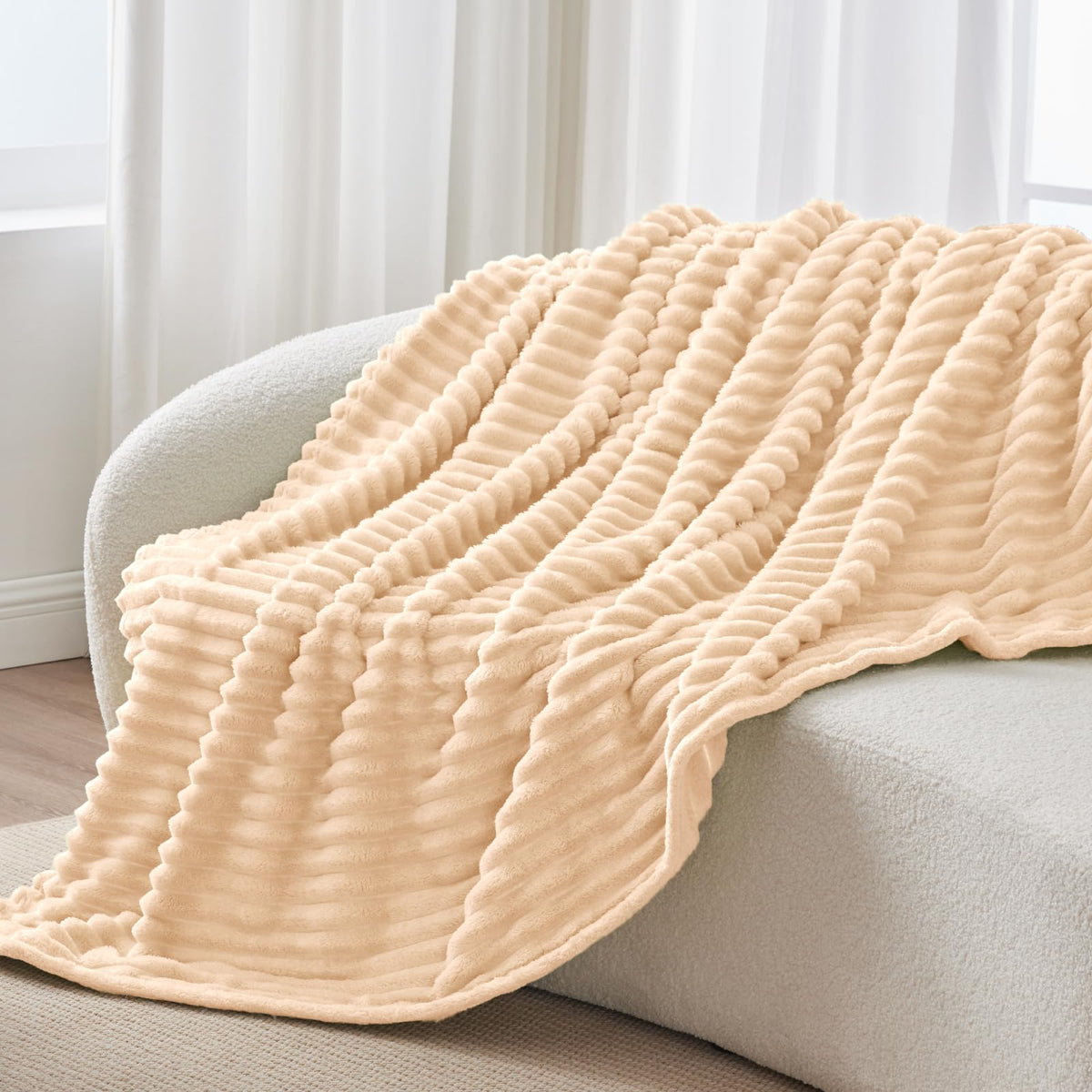 BEDELITE Ribbed Fleece Throw Blanket for Couch, Cream, 50"x60"