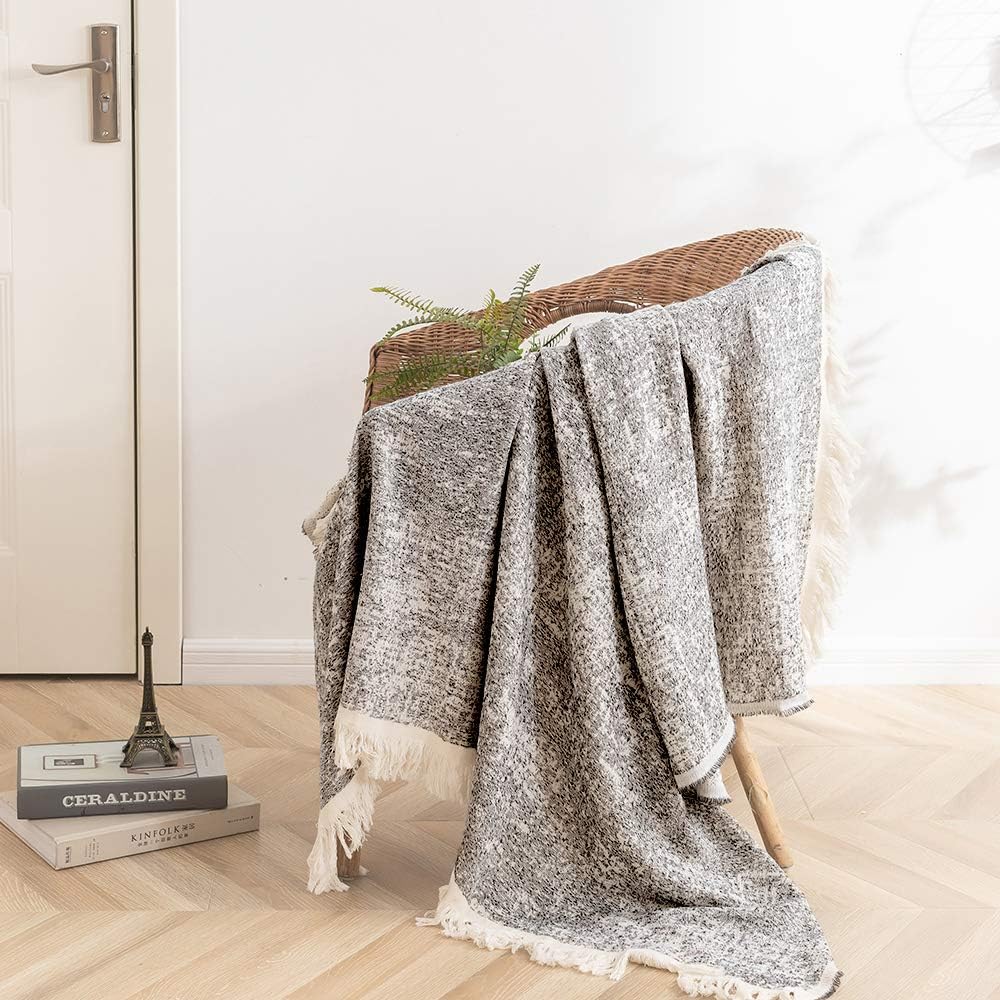 Simple&Opulence Cotton Fringed and Striped Throw Blanket for Bed, Couch,Knit Woven with Tassels Soft Lightweight Cozy Blanket Scarf Shawl Farmhouse Decoration for All-Season (Dark Grey)