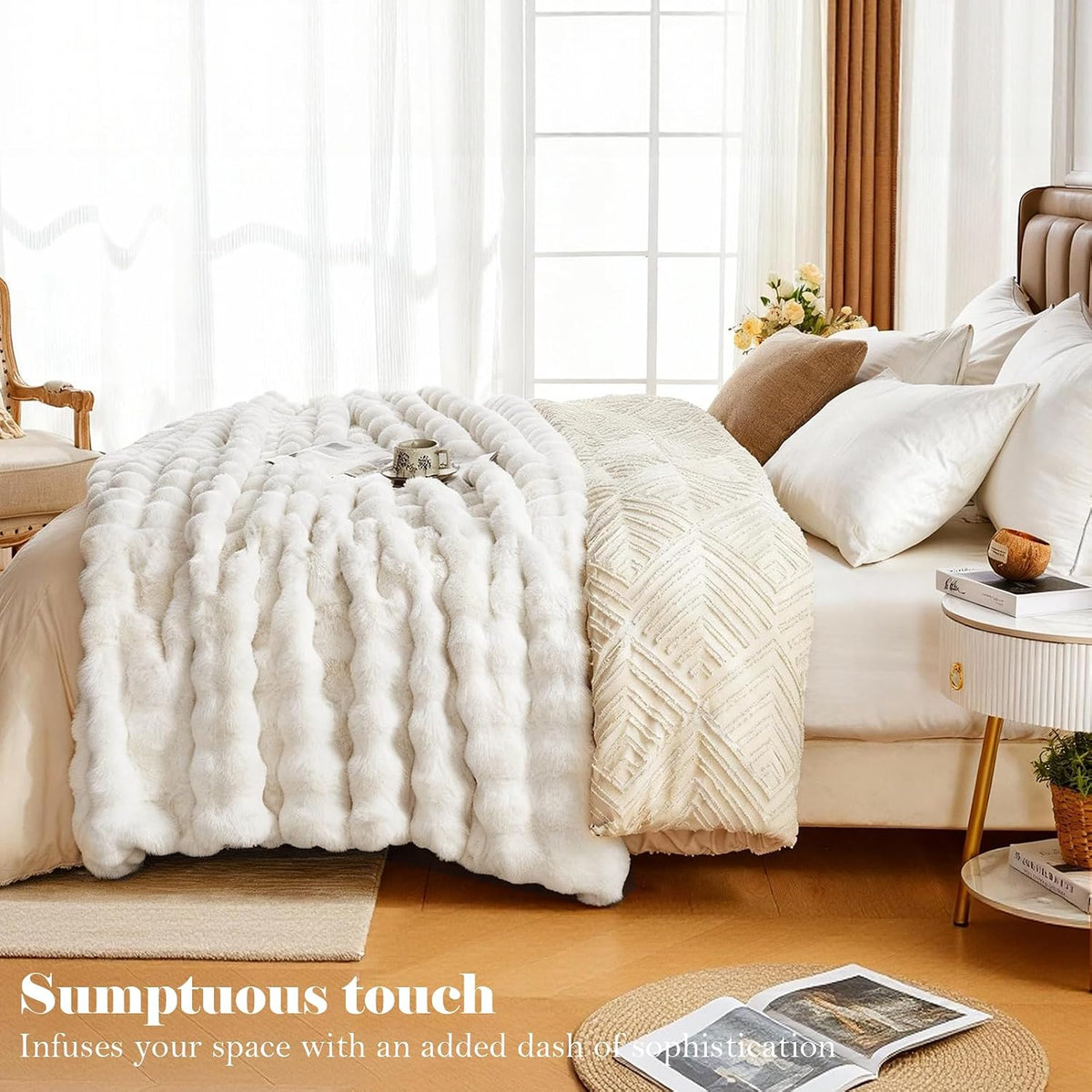 Faux Fur Throw Blanket for Couch, 1000 GSM Cozy Fuzzy Fluffy Soft Plush Thick Bubble Sherpa Blanket for Sofa Bedroom Living Room, Mothers Day Birthday Gifts for Women Home Decor