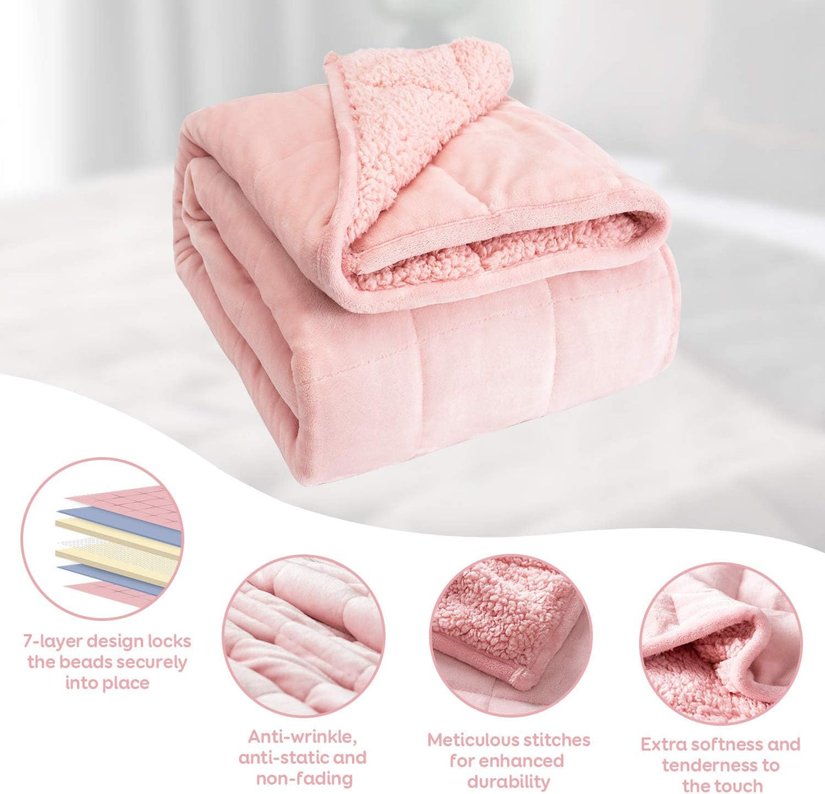 Cottonblue Pink Weighted Blanket Queen Size 15lbs for Adults 60x80in Soft