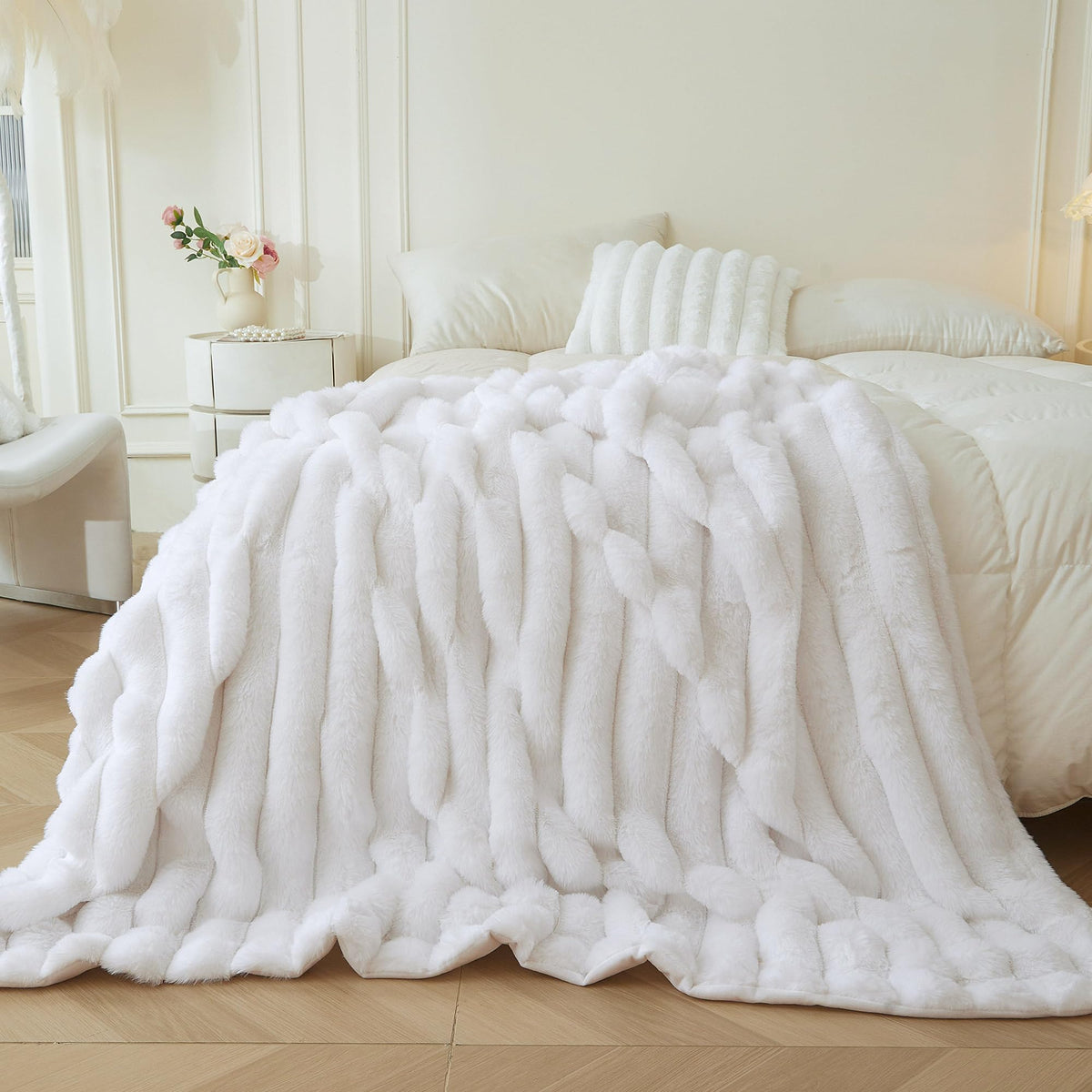 MEGO Fluffy Faux Rabbit Fur Ribbed Throw Blanket 50"x60", Rainbow