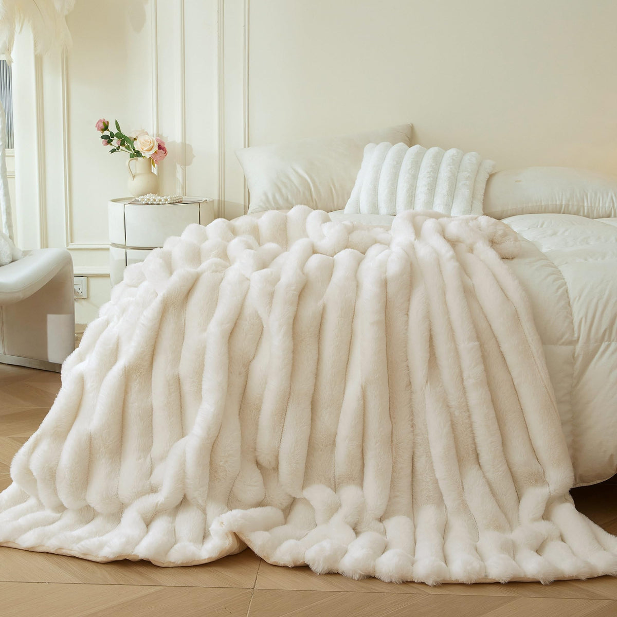 MEGO Fluffy Faux Rabbit Fur Ribbed Throw Blanket 50"x60", Rainbow