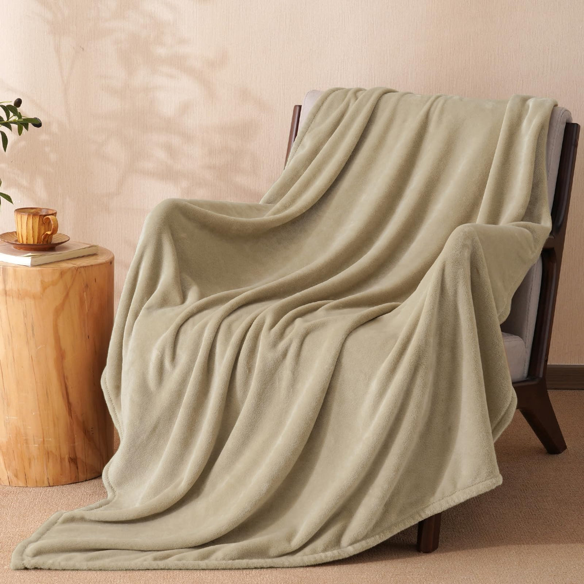 PHF Fleece Blanket Queen Size 90x90-300GSM Lightweight Airy Warmth, Khaki