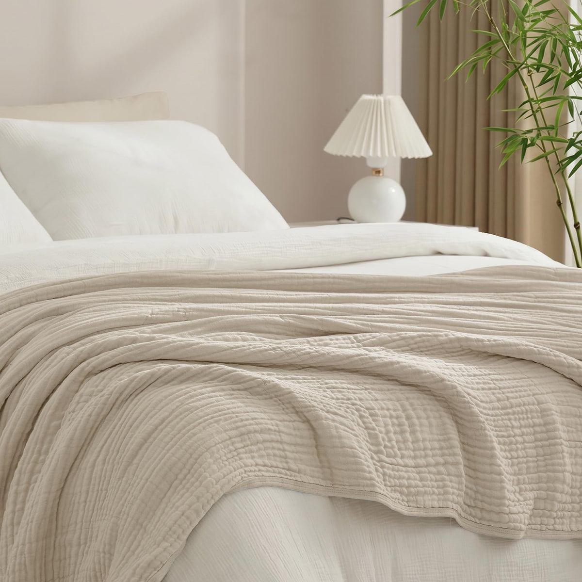 PHF Cooling Muslin Blanket King Size 104"x80", 6-Layer Lightweight Gauze Blanket Made from 35% Rayon Derived from Bamboo & 65% Cotton, Breathable & Ultra Soft Cozy for Hot Sleepers, Cream White