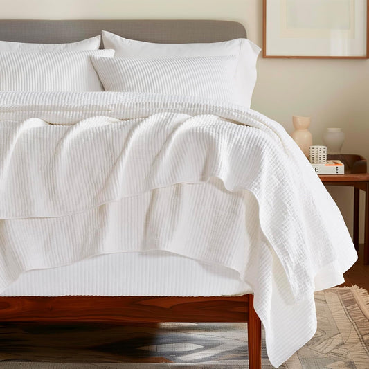 EVERGRACEHOME Cotton Ribbed Matelassé Coverlet Set, Queen Size, Ivory White