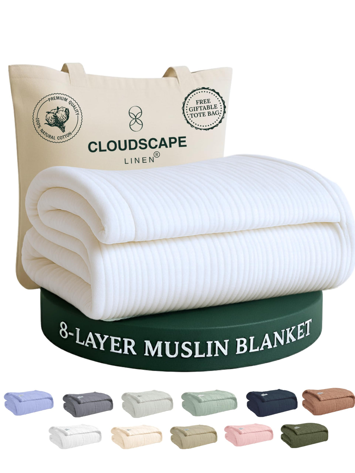 CLOUDSCAPE 8 Layer Muslin Blanket Queen Size, Gauze, Cotton 92"x92" - Ivory