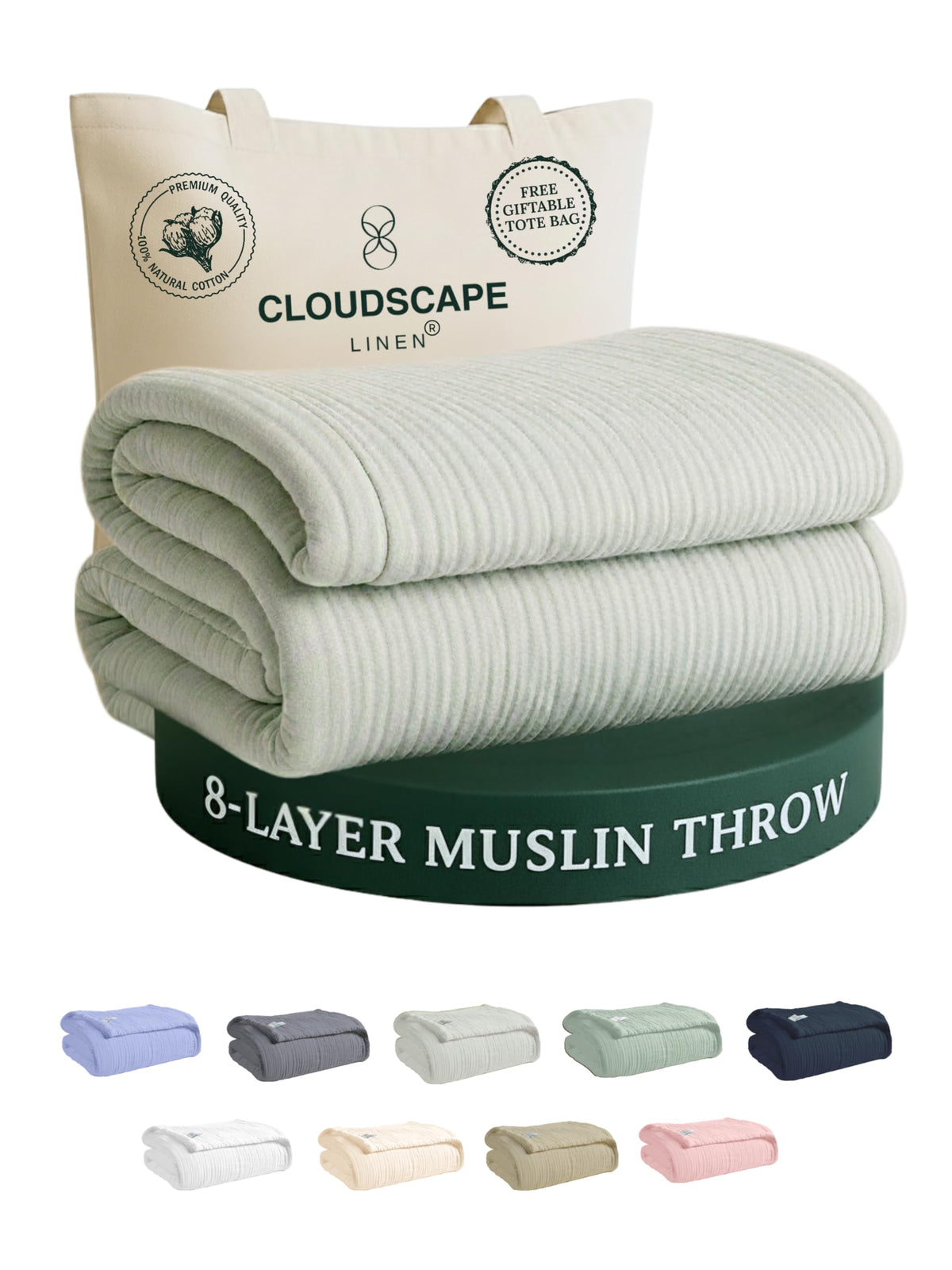 CLOUDSCAPE 8 Layer Muslin Blanket Queen Size, Gauze, Cotton 92"x92" - Ivory