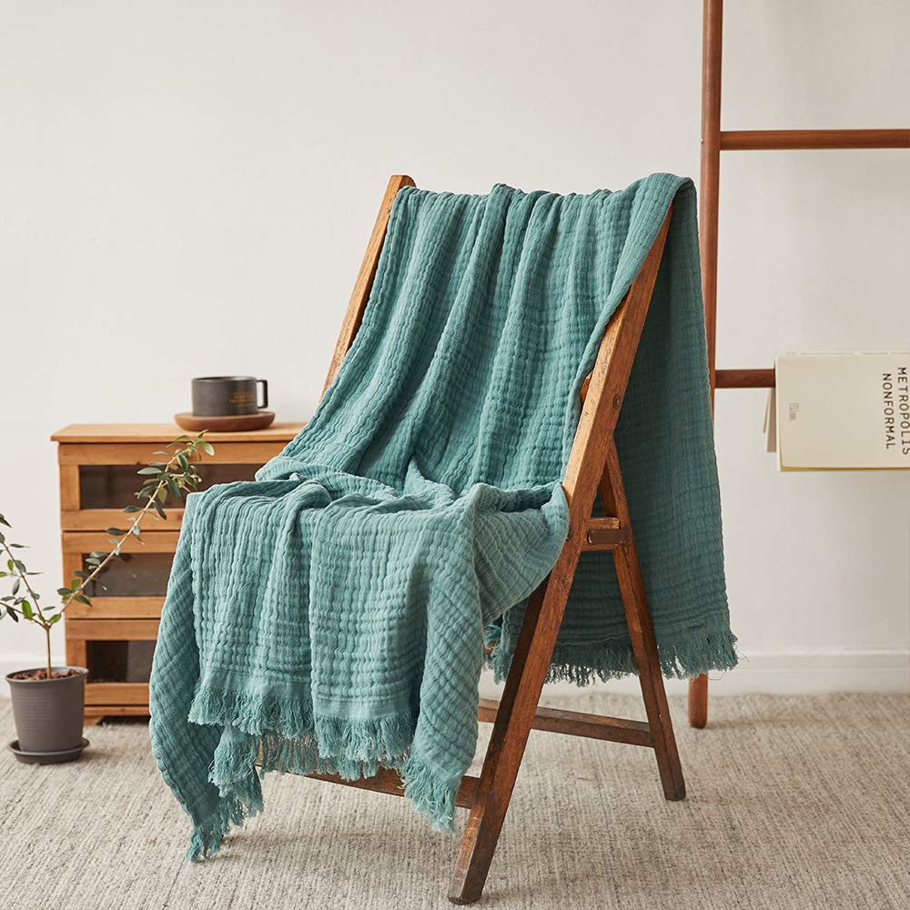 Simple&Opulence Cotton Muslin Throw Blanket for Bed, Couch, Knit Woven Gauze Blanket with Tassels, Soft Lightweight Cozy Pre-Washed Breathable Farmhouse Decoration for All-Season (Cream)