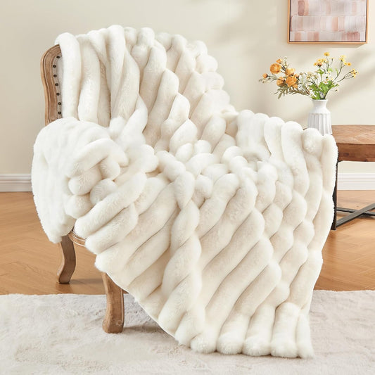 BEDELITE Faux Fur Throw Blanket for Couch, 770GSM, 50" x 60", Cream