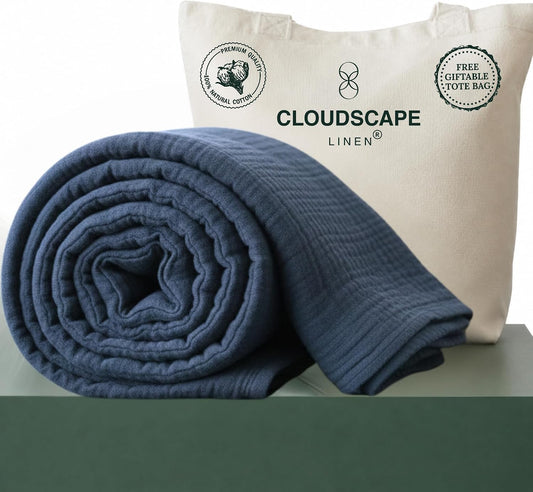CLOUDSCAPE 4 Layer Muslin Blanket for Adults, 100% Cotton Blanket King Size, 92" x108'' Fits Up to Cal King, Ultra Soft Lightweight Bedding, Breathable Gauze Cotton Summer Blankets - Ensign Blue