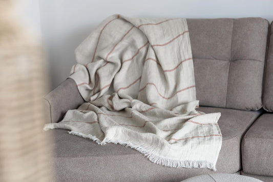 Eden 100% Linen Blanket – Premium European Woven Throw – Extra Large 45x78 in – Multi-Purpose Beach Towel, Sofa Throw, Summer Blanket – Lightweight, Softened, Striped – Made in Europe (Ecru/Brown)
