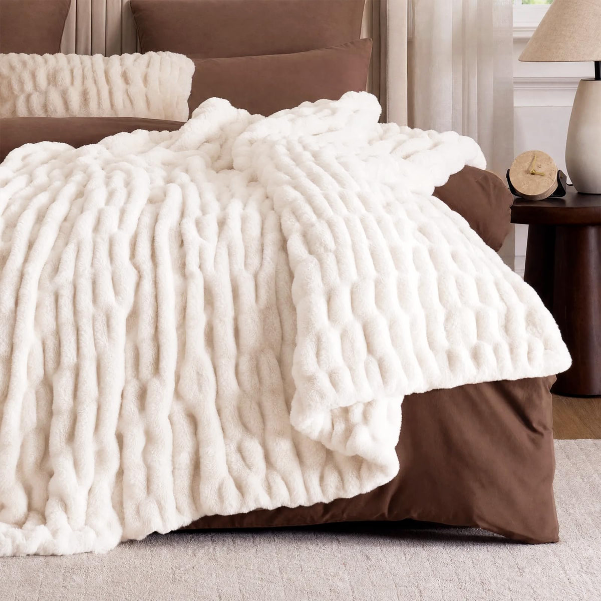 Cozy Bliss Double-Sided Soft Faux Fur Throw Blanket,50"x60", Cream White