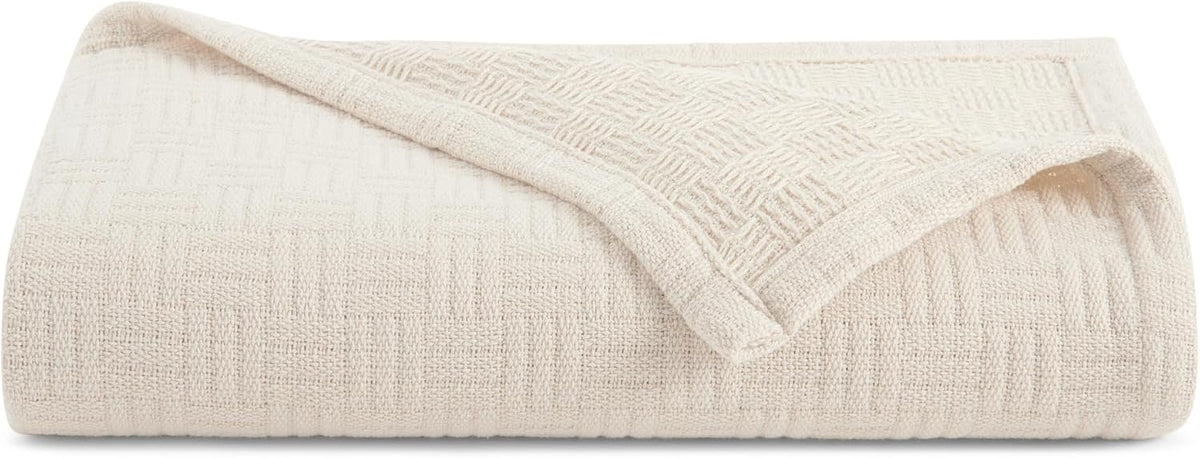 Arkwright Basket Weave Twin Blanket - 100% Ringspun Cotton All Season Blankets, Luxury Hotel Quality, Soft on Skin, Breathable, 300 GSM for Bed, Sofa, and Chair, 68 X 90 in, Beige