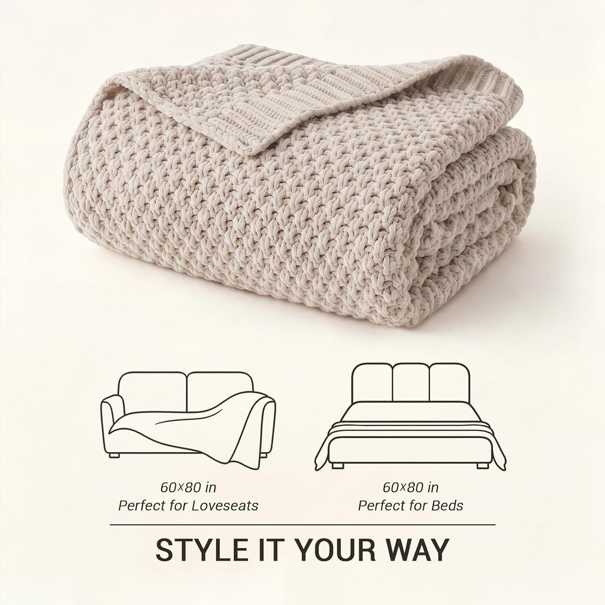 Longhui bedding Chunky Cable Knit Throw Blanket Lightweight Beige 100% Organic Cotton Blanket for Sofa Couch Bed Baby Nursery, Rustic Shabby Chic Modern Farmhouse, 60” x 80”