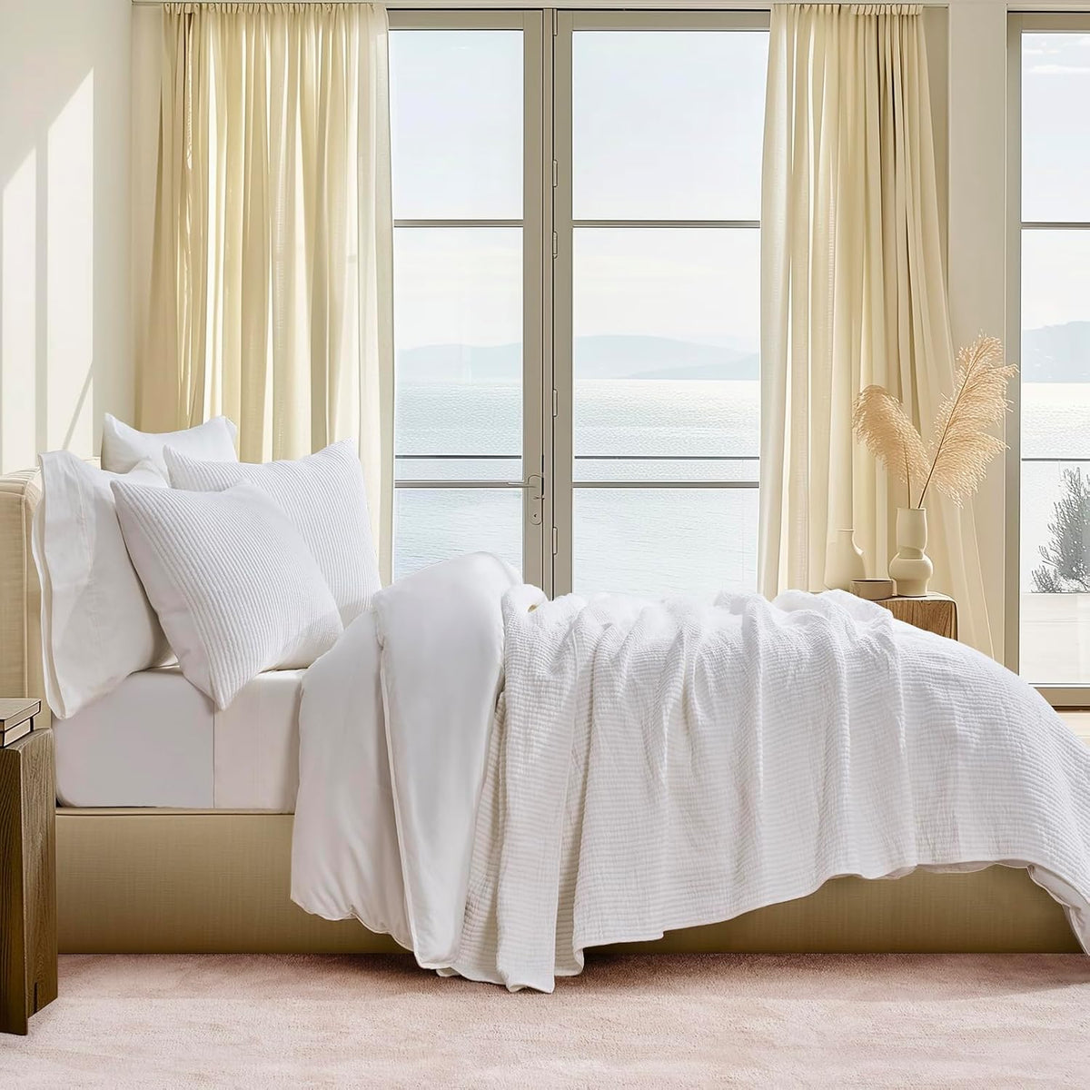 EVERGRACEHOME Cotton Ribbed Matelassé Coverlet Set, Queen Size, Ivory White